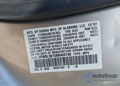 2008 Honda Odyssey Ex-L from USA, damaged, VIN 5FNRL38758B404748